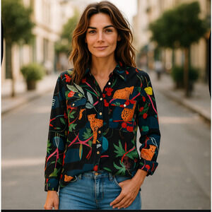 Vilagallo Long Sleeve Tropical Cheetah Crepe Print Blouse Size 6